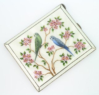 A rectangular silver and guilloche enamel cigarette case, the champagne ground with budgerigars amongst flowers Birmingham 1950, maker HCD 10cm x 8.5cm 