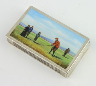 A Victorian silver vesta with hinged end and lid now decorated an enamelled golfing scene 5cm x 3cm, London 1877