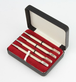 A set of 925 standard silver and enamel bridge pencils, cased