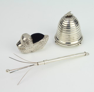 A silver ring box in the form of a beehive together with a ditto swizzle stick and duck pin cushion 