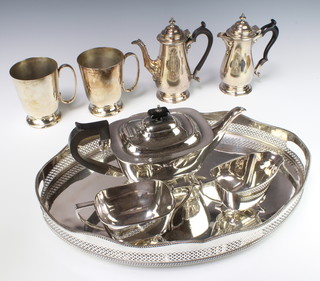 A silver plated Queen Anne style coffee and teapot, an oval galleried tray and minor plated wares 