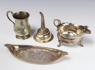 A silver plated wine funnel and minor plated items 