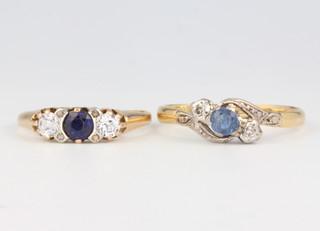 An 18ct yellow gold sapphire and diamond 3 stone size Q, a gem size ditto size T 