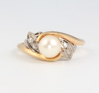 An 18ct yellow gold pearl and diamond ring size S 
