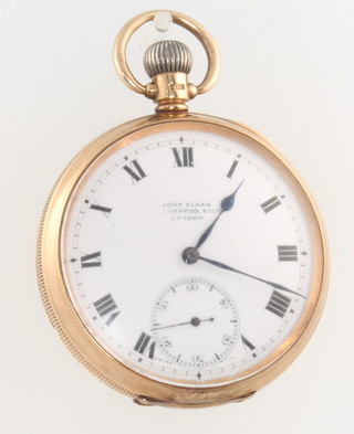 A gentleman's 9ct yellow gold pocket watch with seconds at 6 o'clock, the dial inscribed John Elkan 50mm case