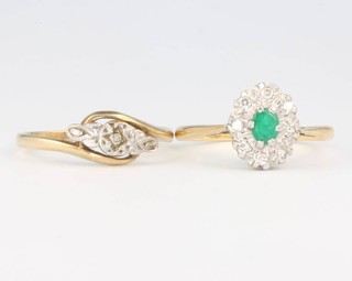 A 14ct yellow gold emerald and diamond cluster ring size P and a 9ct yellow gold diamond ring size Q 