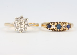 An 18ct yellow gold sapphire and diamond ring size O, a 9ct diamond cluster ring size O 