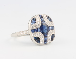 An Art Deco style platinum diamond and sapphire ring size N 