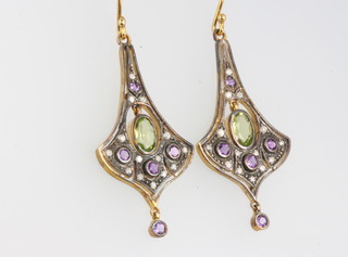 A pair of silver gilt Edwardian style peridot, amethyst and diamond earrings 35mm 