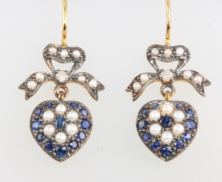 A pair of silver gilt Edwardian style sapphire and pearl earrings 20mm
