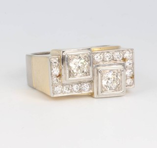 A gentleman's 18ct yellow and white gold Art Deco style diamond ring with 2 brilliant cut diamonds approx. 1ct surrounded by 14 brilliant cut diamonds approx. 0.35ct, size S 

