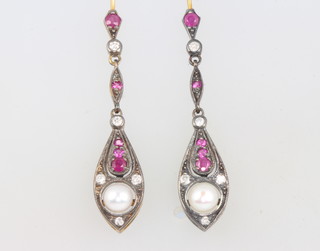 A pair of gold and silver diamond, pearl and ruby Edwardian style earrings 28mm 