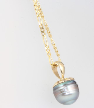 A 14ct yellow gold black pearl pendant and chain 60cm 