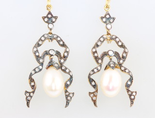A pair of silver gilt diamond and pearl earrings 14mm 
