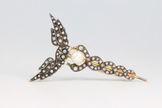 A silver gilt opal, diamond and pearl brooch 48mm  