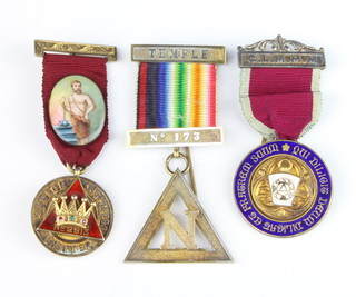 A Past Zed's jewel - Temple Lodge no.173, a Royal Arc Past Master's jewel with enamelled decoration Junior Engineers Chapter no.2913 and a Mark Master Mason enamelled charity jewel 