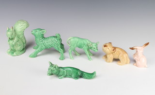 A Sylvac figure of a reclining fox 1424 16cm, a ditto calf 1284 14cm and 4 other animals 