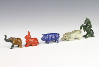 A lapis lazuli carved pig 5cm and 4 other carved hardstone animals 