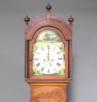 William Huxtable of South Morton, an 18th Century 8 day striking longcase clock, the 33cm arched painted dial decorated a hunting scene with follies to the corner, subsidiary second hand,  calendar aperture and thistle hands, contained in an inlaid mahogany case 214cm 