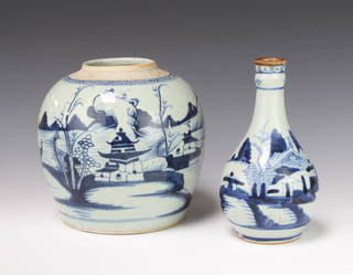 A 19th Century Chinese Provincial blue and white ginger jar with extensive landscape scene 21cm together with a ditto baluster vase with tulip neck decorated with a landscape view 22cm 
