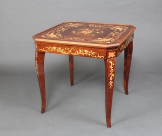 An octagonal Sorrento style inlaid walnut games table, the top inlaid floral panels to reveal a backgammon board, a chessboard and a roulette table to the centre 74cm h x 77cm w x 77cm d 