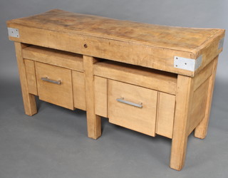 A rectangular butcher's block raised on an associated base fitted 2 long drawers with chrome handles 88cm h x 160cm w x 60cm d 