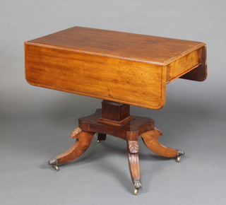 A Georgian mahogany pedestal Pembroke table fitted a frieze drawer, raised on a square column with triform base and outswept supports 69cm h x 83cm x 46cm 