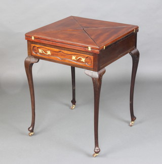 A late Victorian walnut envelope card table fitted a drawer raised on cabriole supports 75cm x 53cm x 53cm 