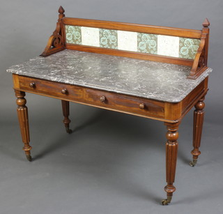 Maple & Co, a Victorian walnut washstand with tiled splash back and grey veined marble top, fitted 2 drawers, raised on turned and reeded supports 104cm h x 122cm w x 61cm 