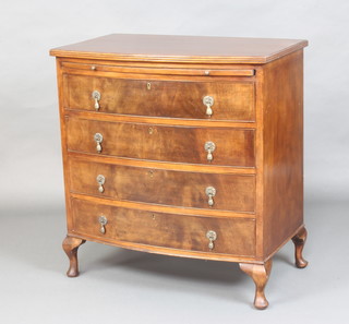 A Georgian style mahogany bow front chest fitted a brushing slide above 4 long drawers with pear drop handles, raised on cabriole supports 80cm h x 75cm w x 48cm d 
