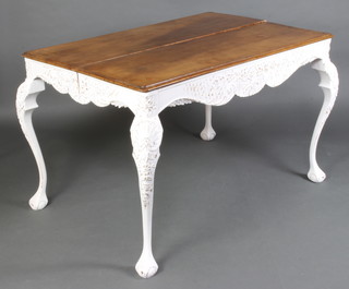 Two similar Rococo style carved walnut and painted console tables raised on cabriole supports 82cm h x 144cm w x 44cm d 