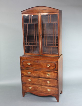 A Georgian mahogany secretaire bookcase, the arched upper section fitted adjustable shelves enclosed by astragal glazed panelled doors, the base fitted a secretaire drawer above 3 long drawers with brass swan neck drop handles 218cm h x 91cm w x 47cm d 