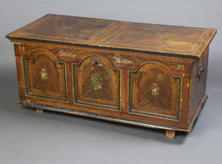A 19th Century Eastern European painted pine chest, fitted a glove box and drawer with iron lock, the front with arched panels and dated 1892 57cm h x 123cm w x 55cm d 