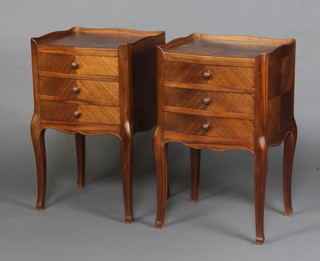 A pair of Continental "kingwood" pedestal bedside chests with 3/4 gallery, fitted 3 long drawers and raised on cabriole supports 71cm h x 42cm w x 35cm d 