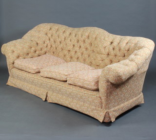 A pair of sofas upholstered in buttoned back patterned material 80cm h x 203cm w x 90cm d