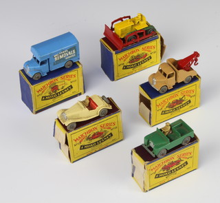 Five Matchbox Moko Lesney model all in B1 boxes to include No.12 Jeep (box has sellotape repair), No 13 break down lorry (flaps damaged), No.17 removals lorry (box flap damaged), No.18 bulldozer (flap damaged) and No.19 sports car (flap damaged)