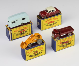 Four Matchbox Moko Lesney models No.20 open flatbed truck (box damaged),  No. 22 Vauxhall Cresta, No.23 caravan (box damaged), No.24 earth moving machine (box damaged). All in B1 boxes except No. 22 in B4
