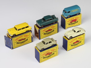 Five Matchbox Moko Lesney model No.30 Ford Prefect (flaps damaged), No.31 Ford Station Wagon (flaps damaged and box sellotaped), No.32 Jaguar XK140, No.33 Ford Zodiac (tear to lid of box), No.34 VW delivery van (box damaged),  all in B2 boxes