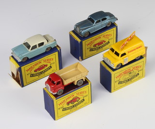 Four  Matchbox Moko Lesney model No.40 Bedford 7 ton tipper truck, No.42 Evening News van (box flaps damaged), No.43 Hillman Maxi (flaps damaged) and No.44 Rolls Royce Silver Cloud, all in B2 boxes