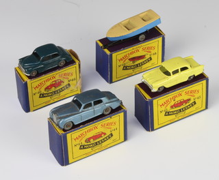 Four Matchbox Moko Lesney model No.44 Rolls Royce Silver Cloud, No.45 Vauxhall Victor, No.46 Morris Minor 1000 (box sellotaped) and No.48 Meteor Sportsman Mk.2 motorboat and trailer, all in B2 boxes 