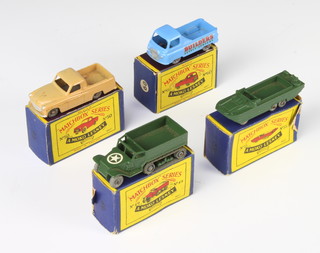 Four  Matchbox Moko Lesney model No.49 M3 personnel carrier (hole and damage to box), No.50 Commer picker up Mk.8, No.55 D.U.K.W and No. 60 Morris J2 pickup (flap to box damaged), all in B2 boxes except No. 60 in B3 