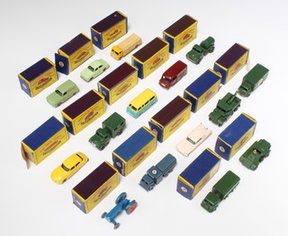 15 boxed Matchbox Series A Moko Lesney models - No.51 Albion Chieftain (box creased), No.57  The Wolseley 1500  (flap to box damaged and tear to side), No.59 Ford Thames van (crease to box), No.61 Ferret Scout car, No. 62 General Service lorry (sellotape damage and tear to box), No.63 service ambulance (sellotape damage), No.64 Scammell breakdown truck, No.66 Citroen DS19 (flaps damaged), No.68 Austin Mk.2 radio truck, No.69 Commer 30 CWT van (flap damaged), No.70 Thames estate car, No.71 Austin 200 gallon water tank (box creased), No.72 tractor, No.73 10 ton pressure refueller (hole to box), No.75 Ford Thunderbird (flaps damaged)  