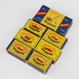 Seven empty Matchbox toy boxes including a No.4 Matchbox Series A Moko Lesney Major (crease to flap), no.22 (flaps damaged), no.39 (marks to side), no.41 (slight crease), no.53 (creased), no.65 (flaps damaged), no.74 (creased) 
