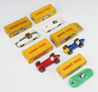 Five Dinky Toys model cars - 231 Gunningham C-53 racing car boxed (damage to paintwork and box flap missing), 232 The Alfa-Romeo in red boxed, 234 A Ferrari boxed (the box has been drawn on, dented and damaged to flap), 236 Connaught Racing car and a 237 Mercedes Benz with 3/3 pencil price ticket to the label  