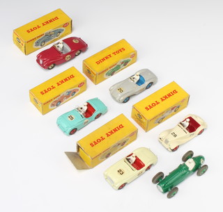 Six Dinky Toys model racing cars - 107 Sunbeam Alpine boxed, 108 MG Midget boxed, 109 Austin Healey (damage to flaps on box), 110 Aston Martin boxed (box damaged), 111 Triumph TR2, all have figures, together with a Dinky Toys 233 Cooper Bristol unboxed