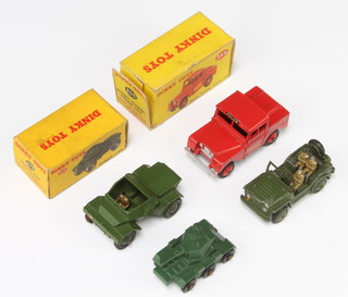 A Dinky Toys 255 Mersey Tunnel police van boxed (flap to box damaged), a 673 Scout car with driver boxed (box slightly rubbed), a Dinky Austin Champ with 3 of the 4 figures (driver missing)