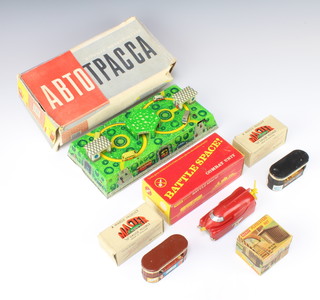 Two Master OO gauge models - no.36 Tobacco kiosk and no.37 Fruit kiosk boxed, together with a Platelayers hut boxed, a Triang Hornby battle space R.752 boxed and an Abto Tpacca tin plate game (no key) boxed (damage to box) 