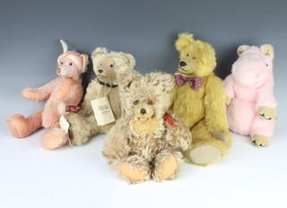 A Russ vintage limited edition pink bear 30cm, a Russ Bradford yellow bear 35cm, a pink Merrythought hippo, an Anita Hill bear 32cm and 1 other bear  