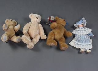 A Deans limited edition bear with camel body and articulated limbs 42cm, a Bear Factory bear 36cm, a Canterbury bear with articulated body 35cm, an Alberon porcelain headed doll and a small figure  
