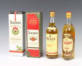 A 70cl bottle of Grants whisky, ditto Bells and 2 70cl bottles of Teachers whisky 